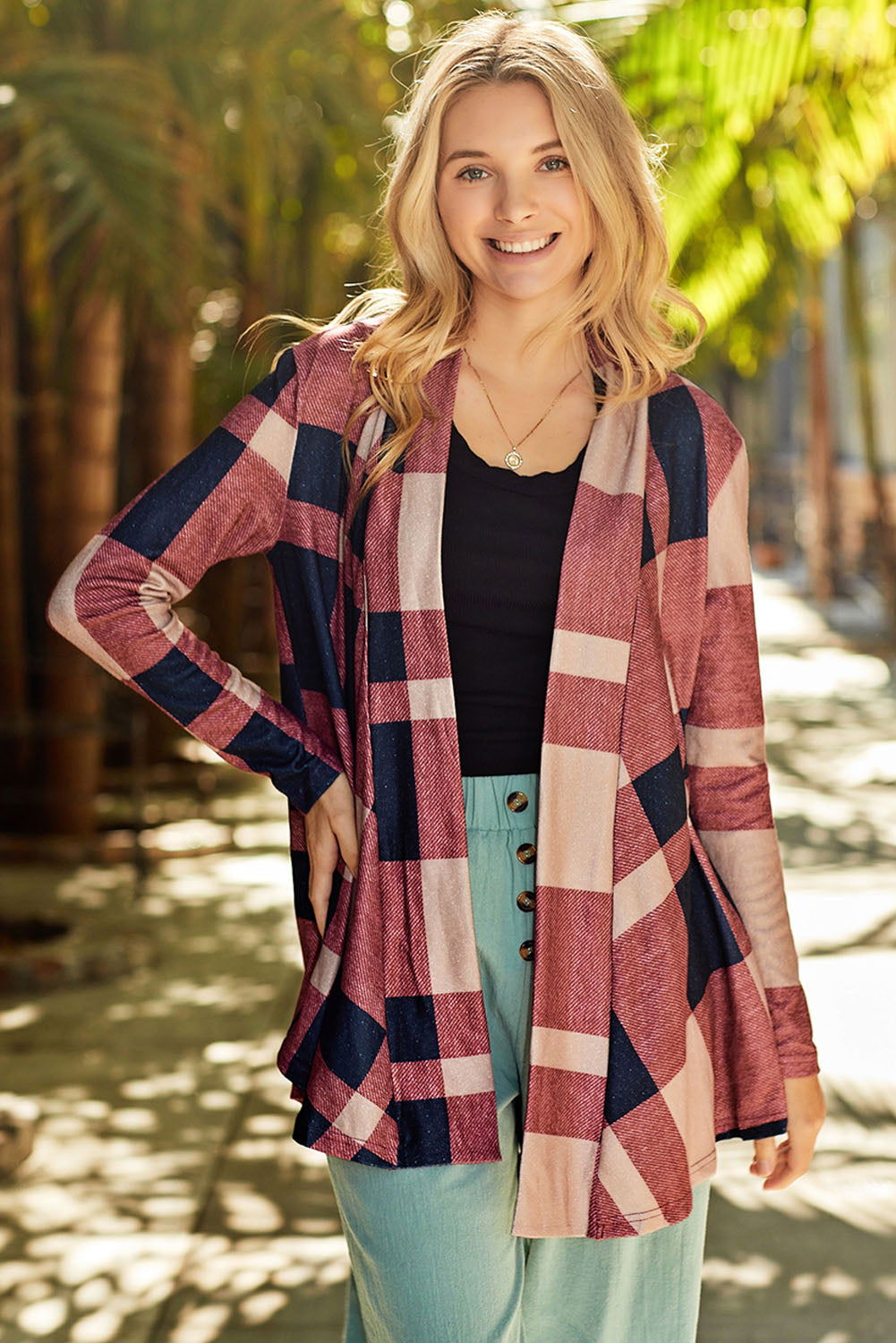 Red Plaid Casual Draped Open Front Cardigan - Vesteeto