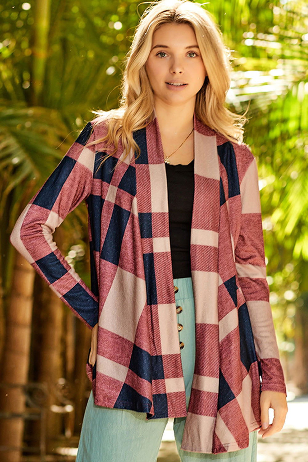 Red Plaid Casual Draped Open Front Cardigan - Vesteeto