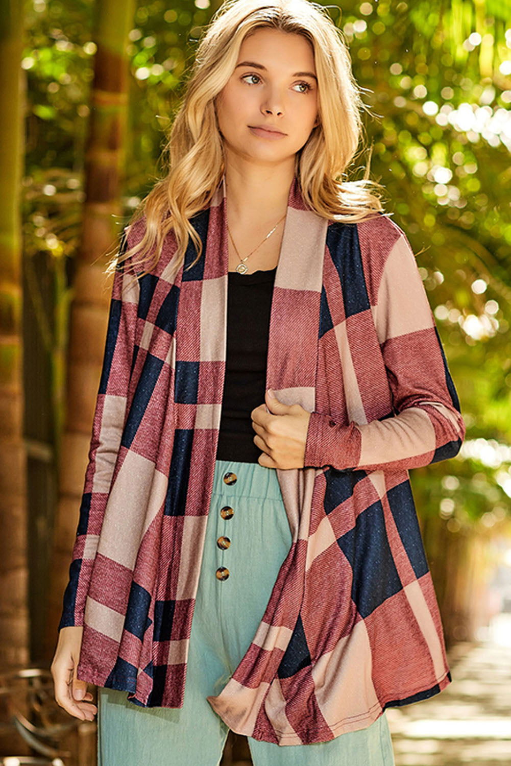 Red Plaid Casual Draped Open Front Cardigan - Vesteeto