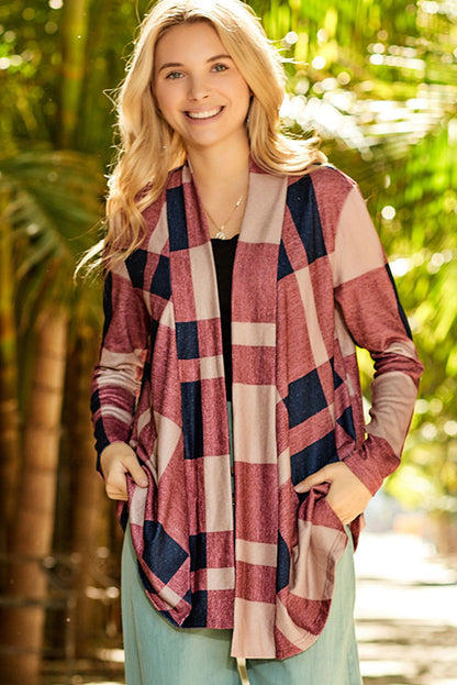 Red Plaid Casual Draped Open Front Cardigan - Vesteeto