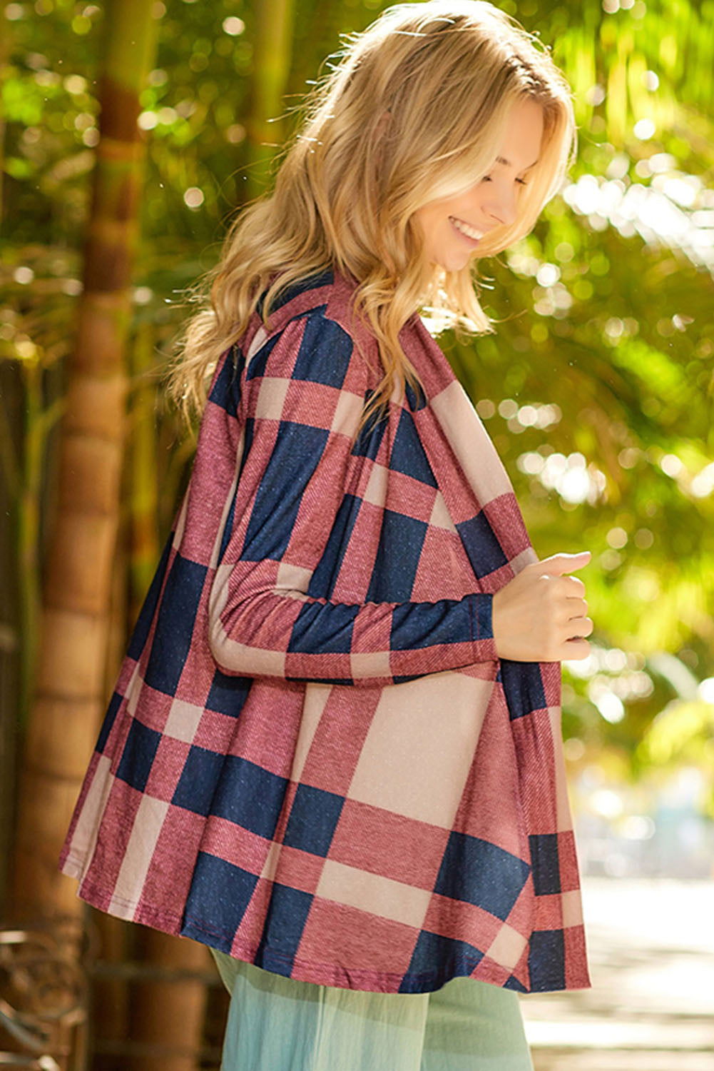 Red Plaid Casual Draped Open Front Cardigan - Vesteeto