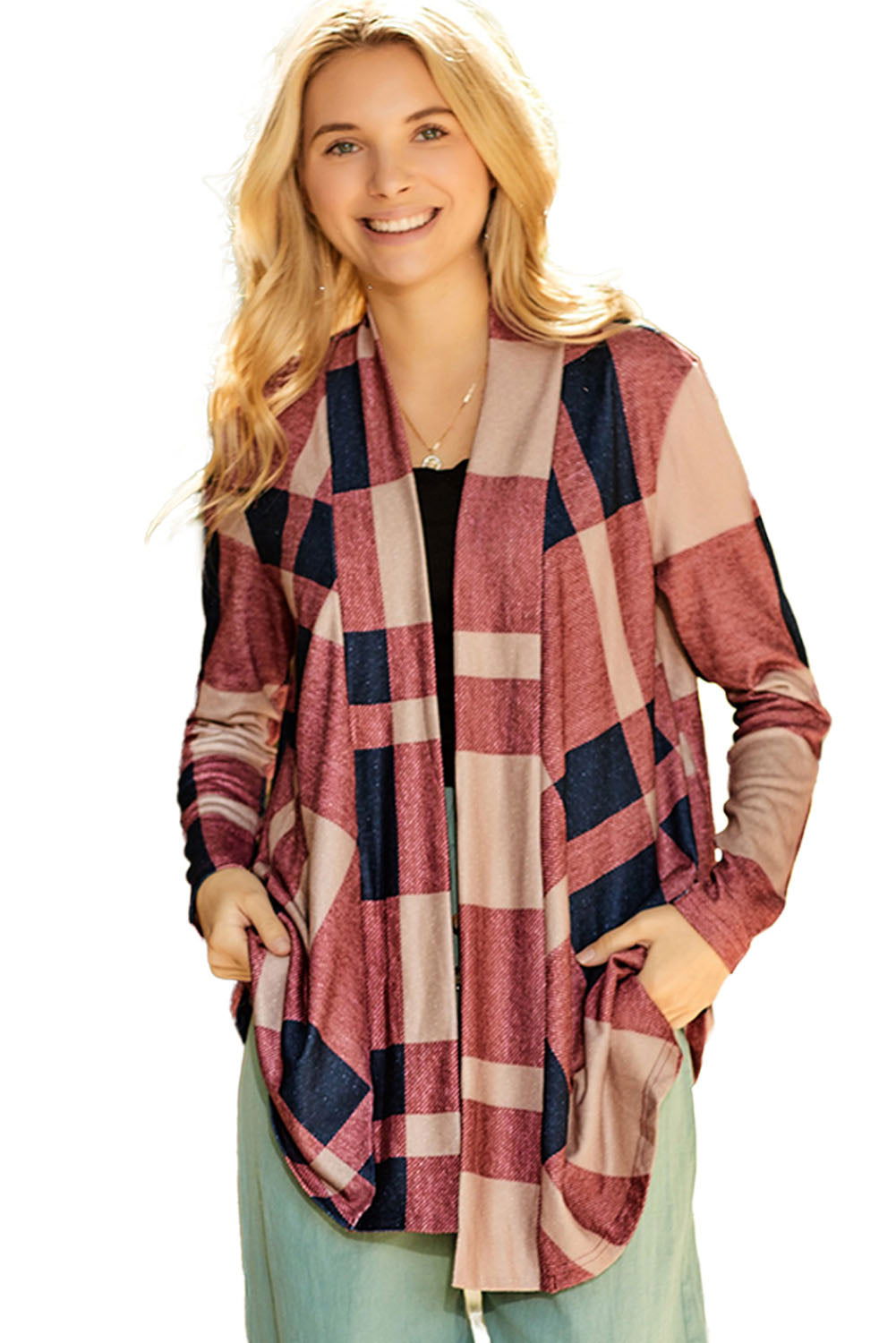 Red Plaid Casual Draped Open Front Cardigan - Vesteeto