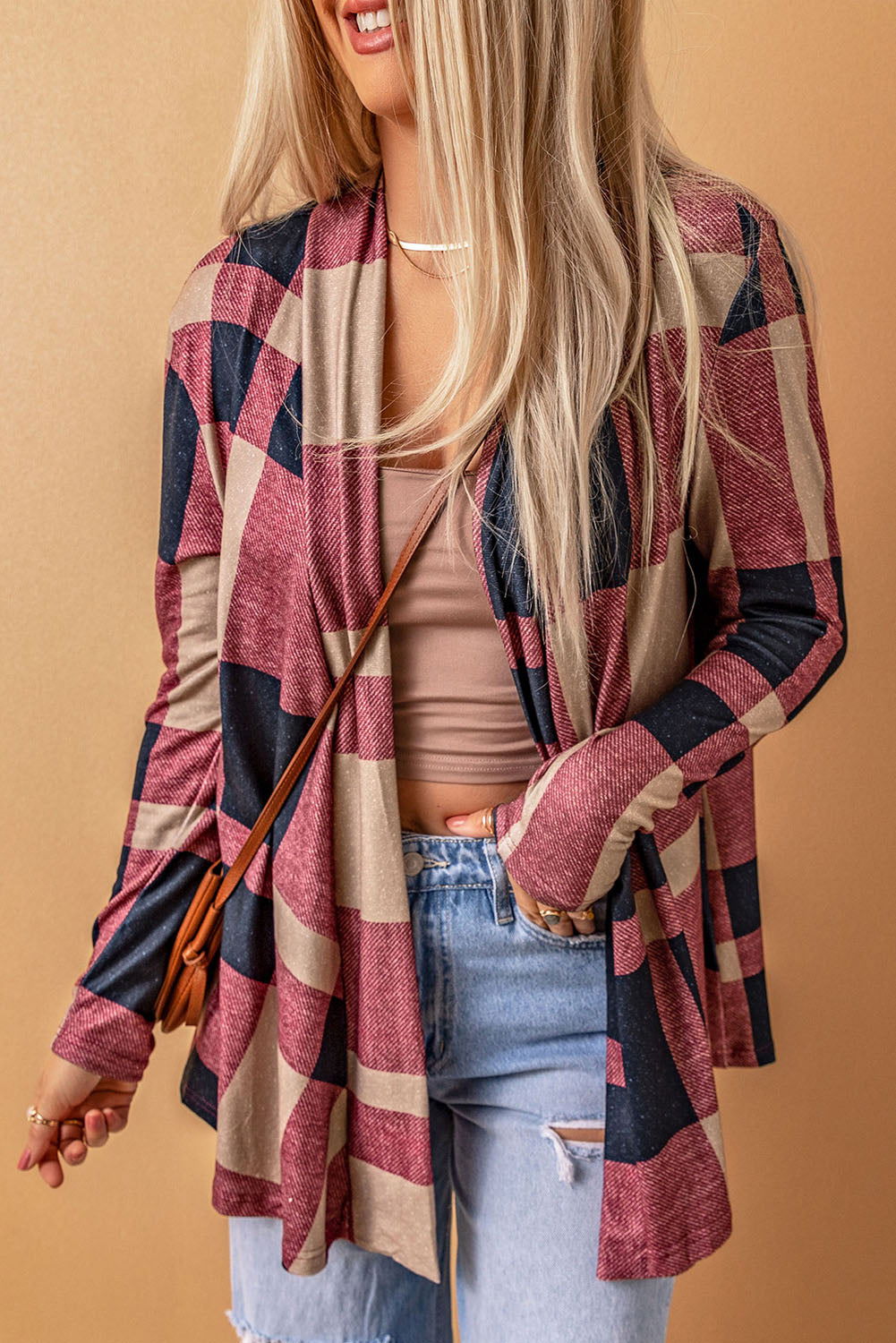 Red Plaid Casual Draped Open Front Cardigan - Vesteeto