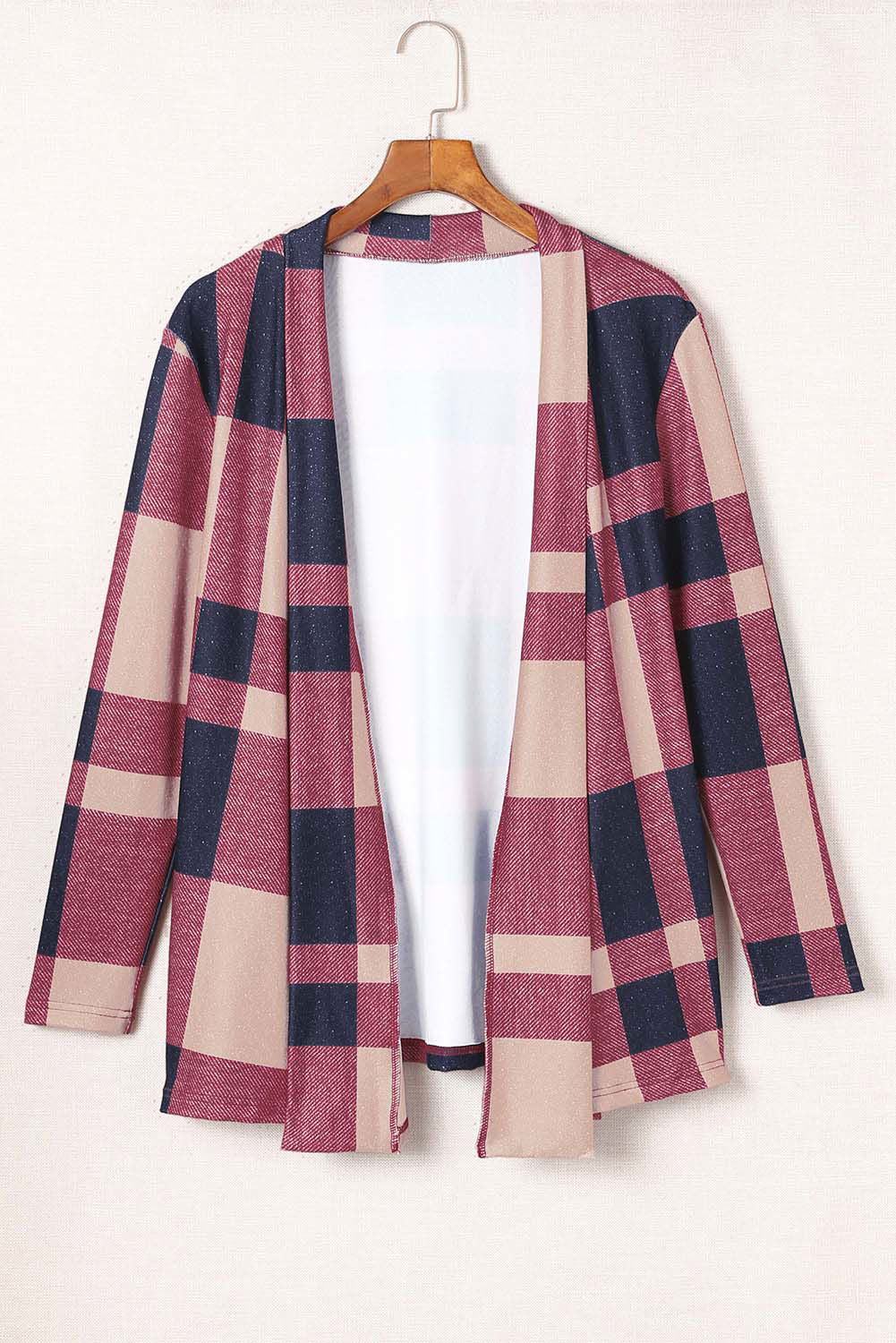 Red Plaid Casual Draped Open Front Cardigan - Vesteeto