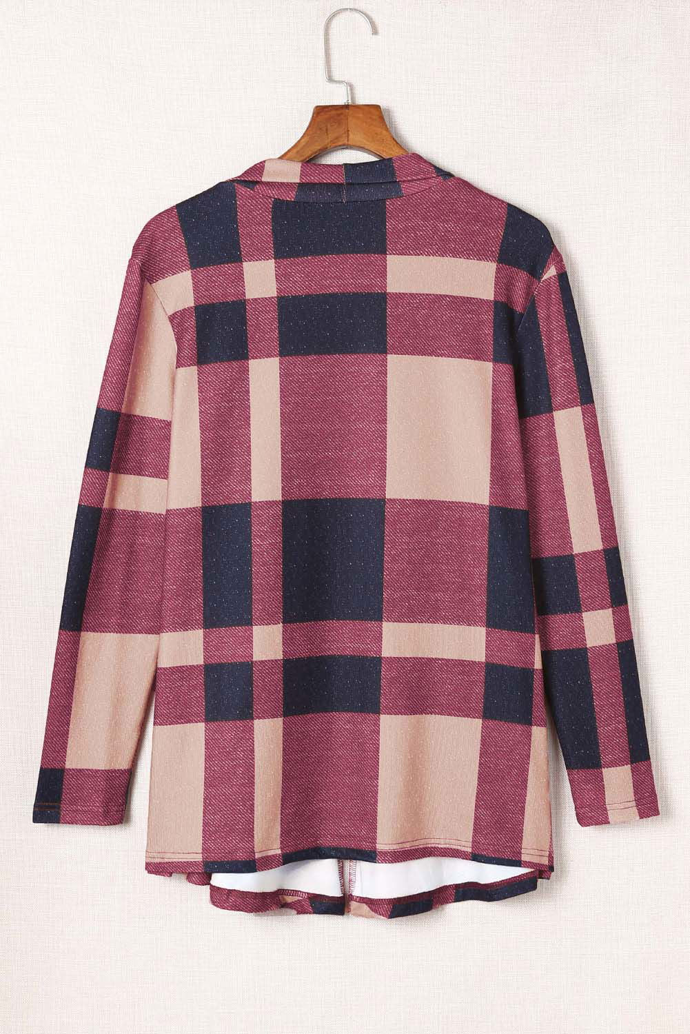 Red Plaid Casual Draped Open Front Cardigan - Vesteeto