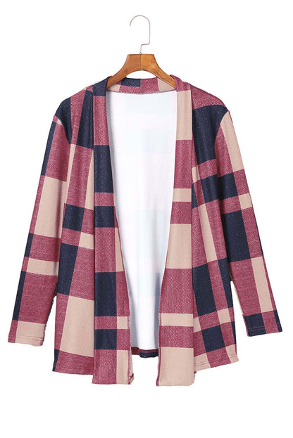 Red Plaid Casual Draped Open Front Cardigan - Vesteeto