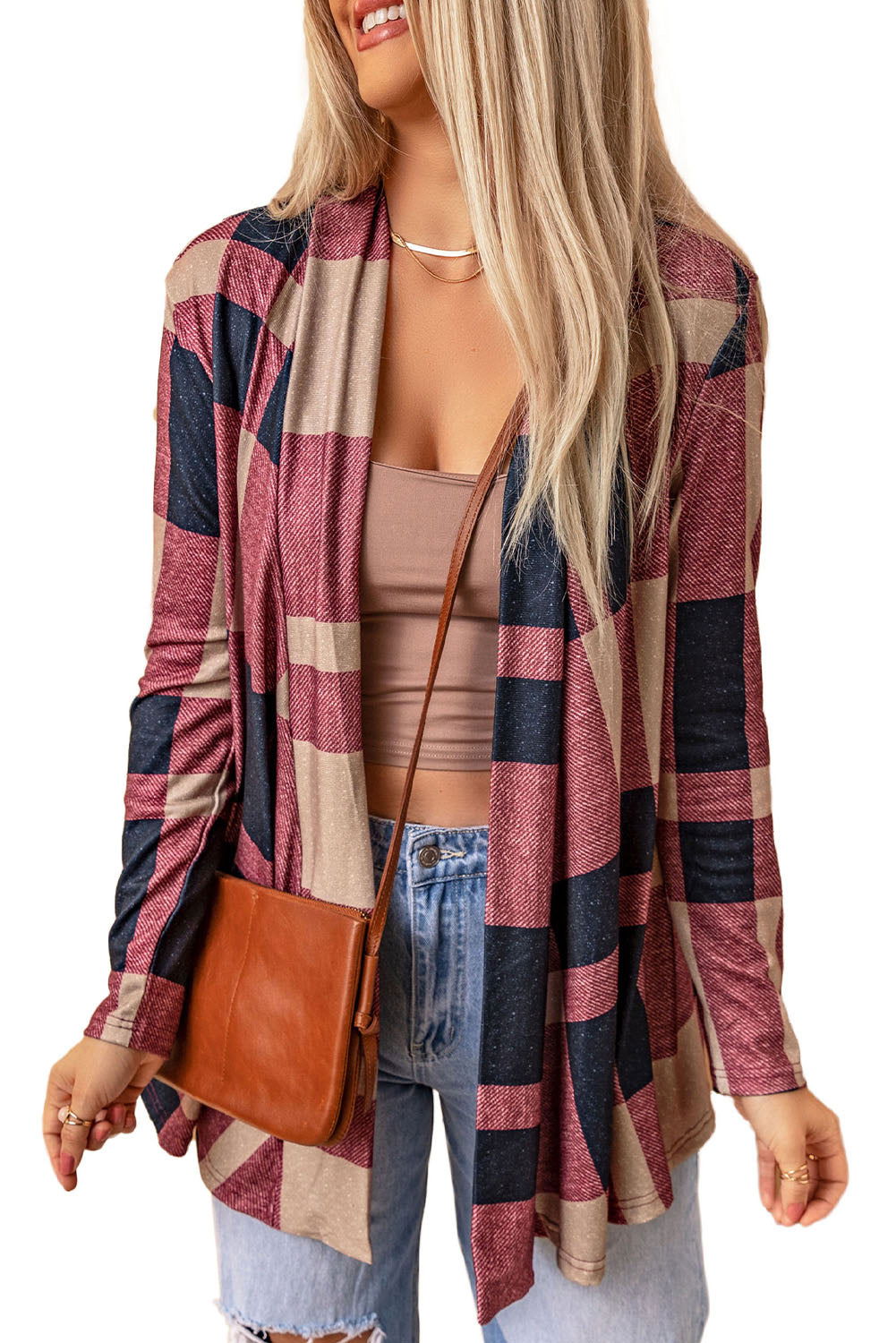 Red Plaid Casual Draped Open Front Cardigan - Vesteeto