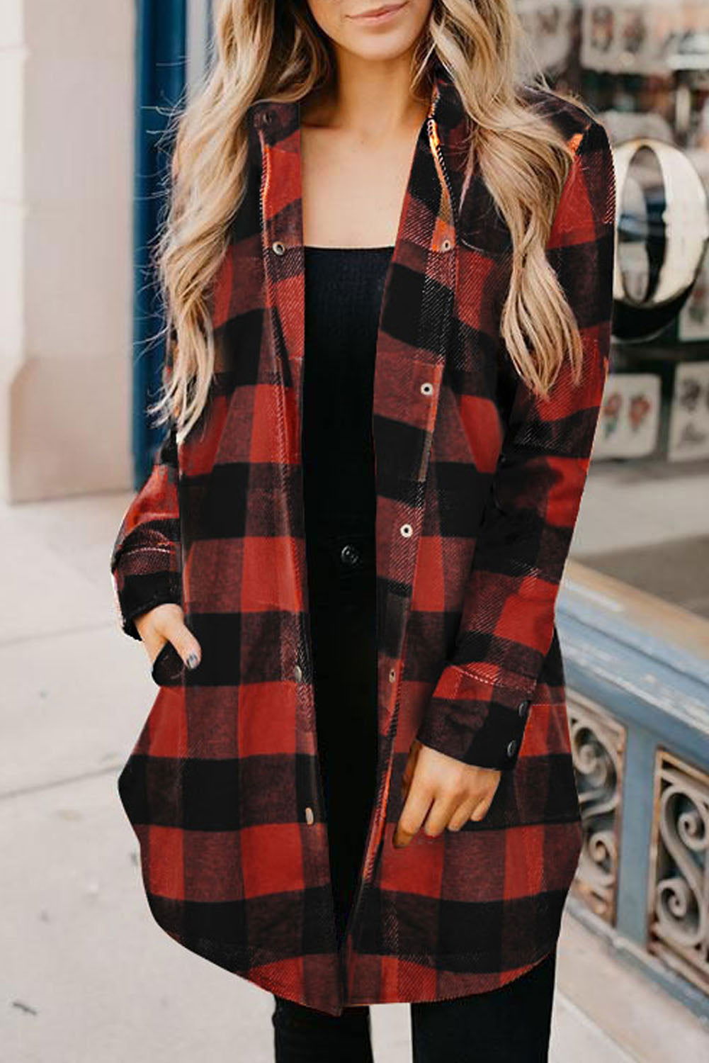 Red Plaid Collared Button Down Long Shirt Shacket - Vesteeto