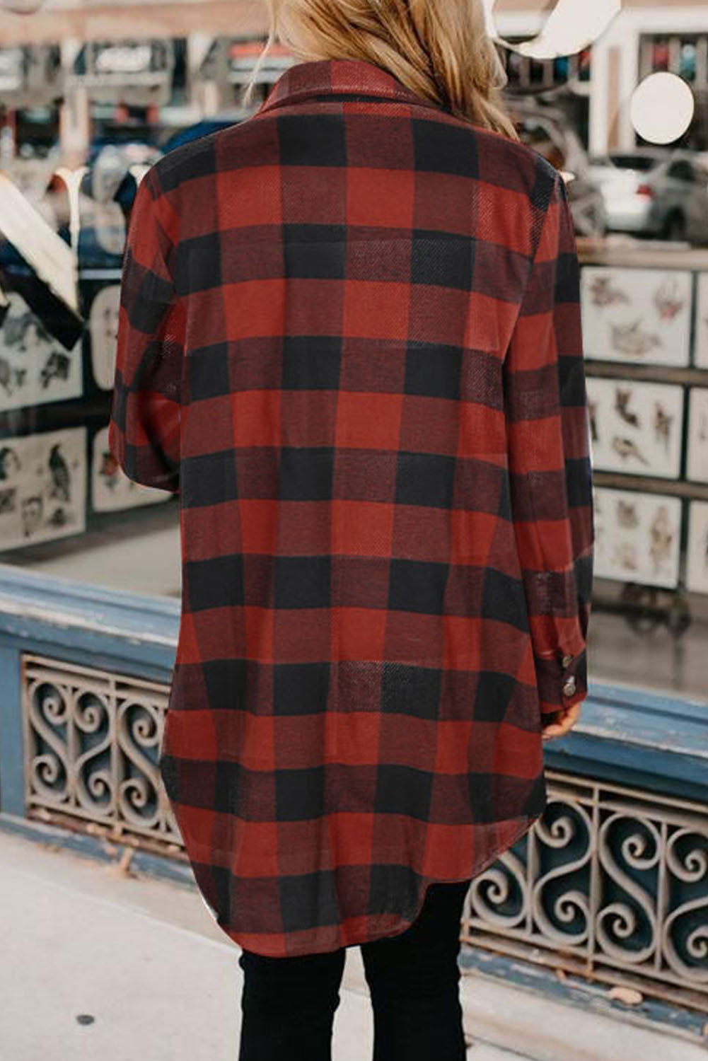 Red Plaid Collared Button Down Long Shirt Shacket - Vesteeto