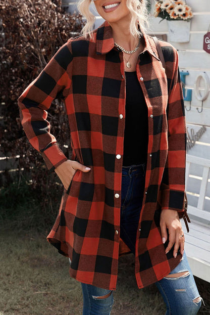 Red Plaid Collared Button Down Long Shirt Shacket - Vesteeto