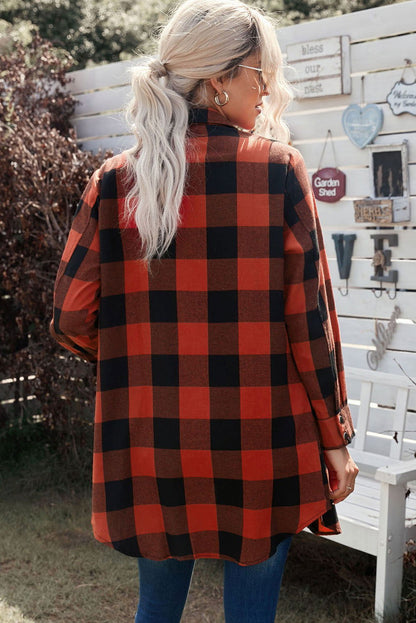 Red Plaid Collared Button Down Long Shirt Shacket - Vesteeto