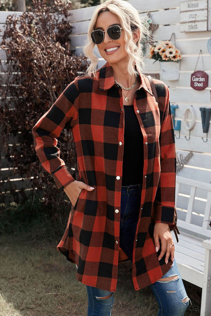 Red Plaid Collared Button Down Long Shirt Shacket - Vesteeto