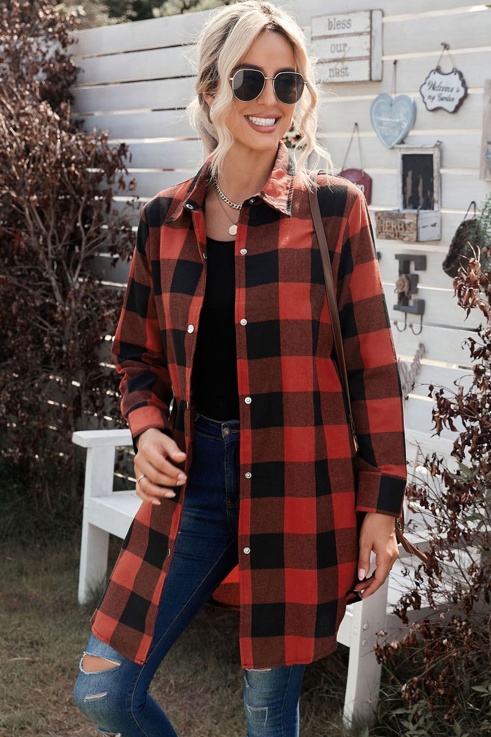 Red Plaid Collared Button Down Long Shirt Shacket - Vesteeto