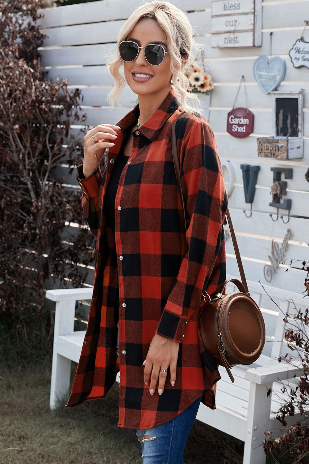 Red Plaid Collared Button Down Long Shirt Shacket - Vesteeto