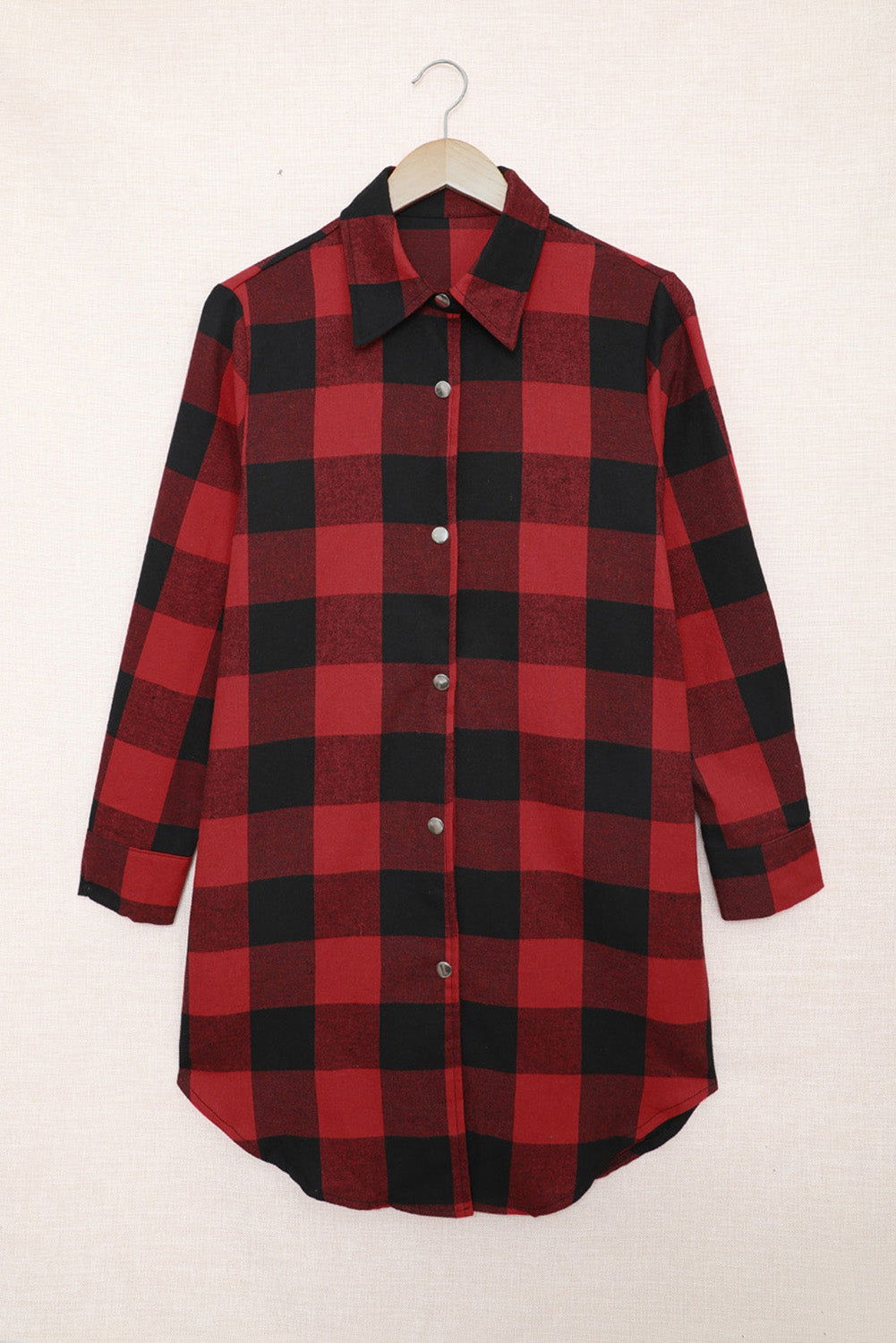 Red Plaid Collared Button Down Long Shirt Shacket - Vesteeto