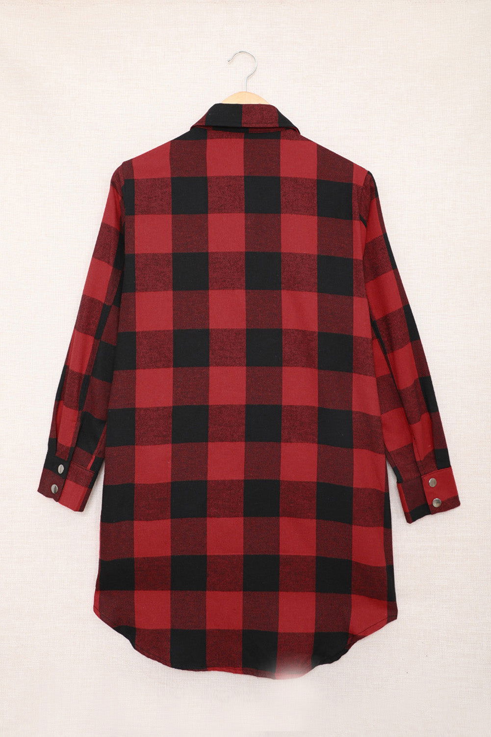 Red Plaid Collared Button Down Long Shirt Shacket - Vesteeto