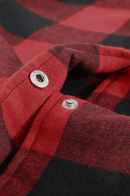 Red Plaid Collared Button Down Long Shirt Shacket - Vesteeto