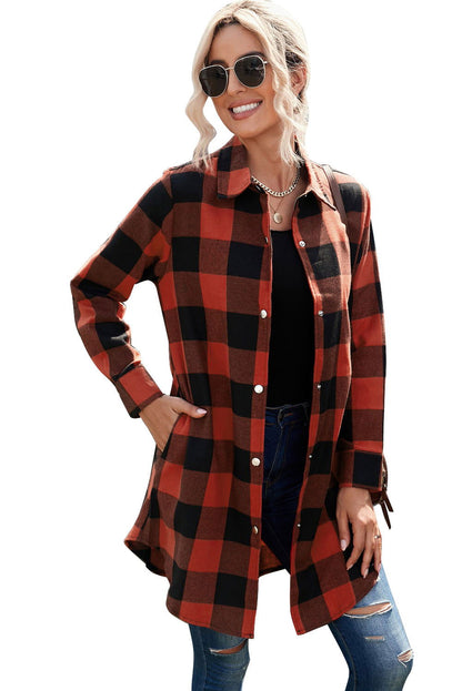 Red Plaid Collared Button Down Long Shirt Shacket - Vesteeto