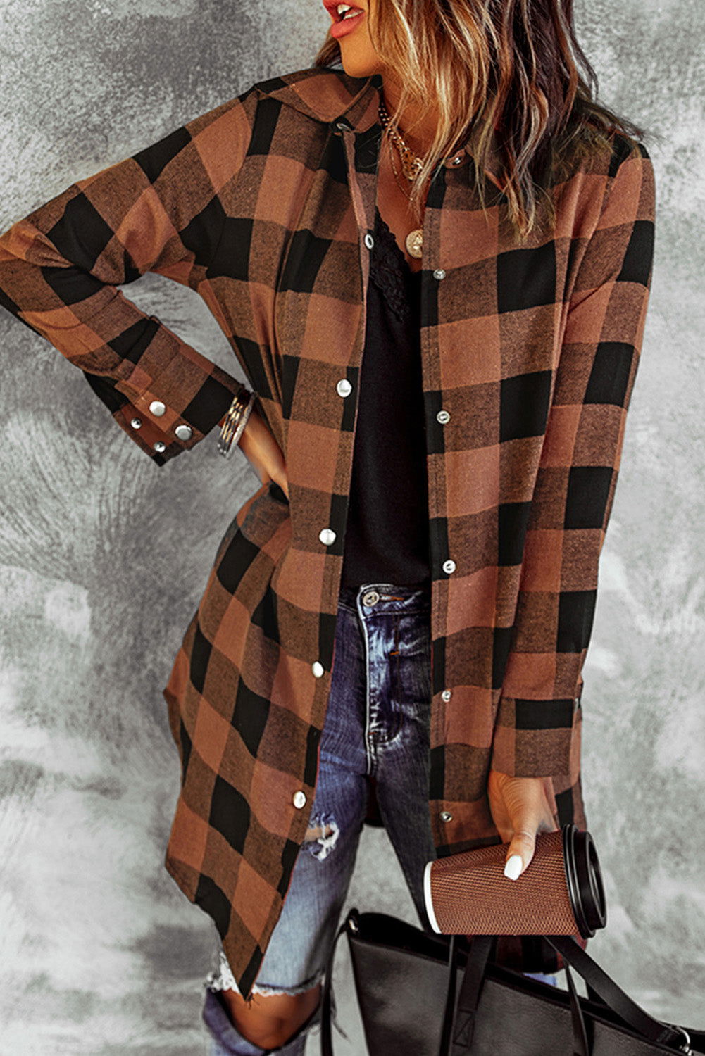 Red Plaid Collared Button Down Long Shirt Shacket - Vesteeto