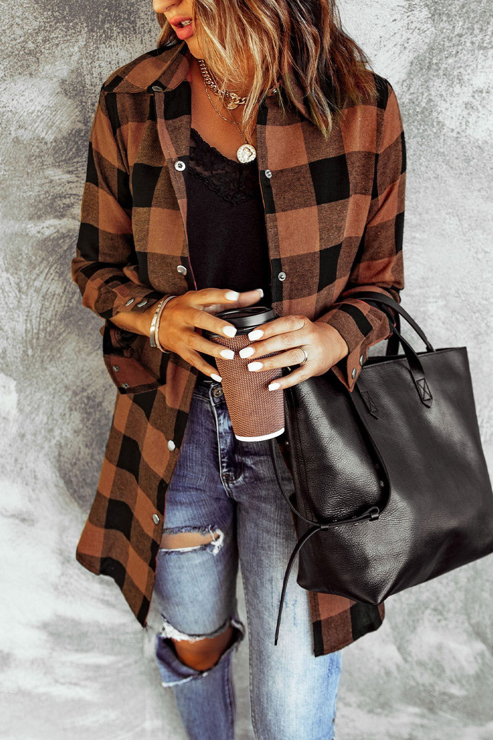 Red Plaid Collared Button Down Long Shirt Shacket - Vesteeto