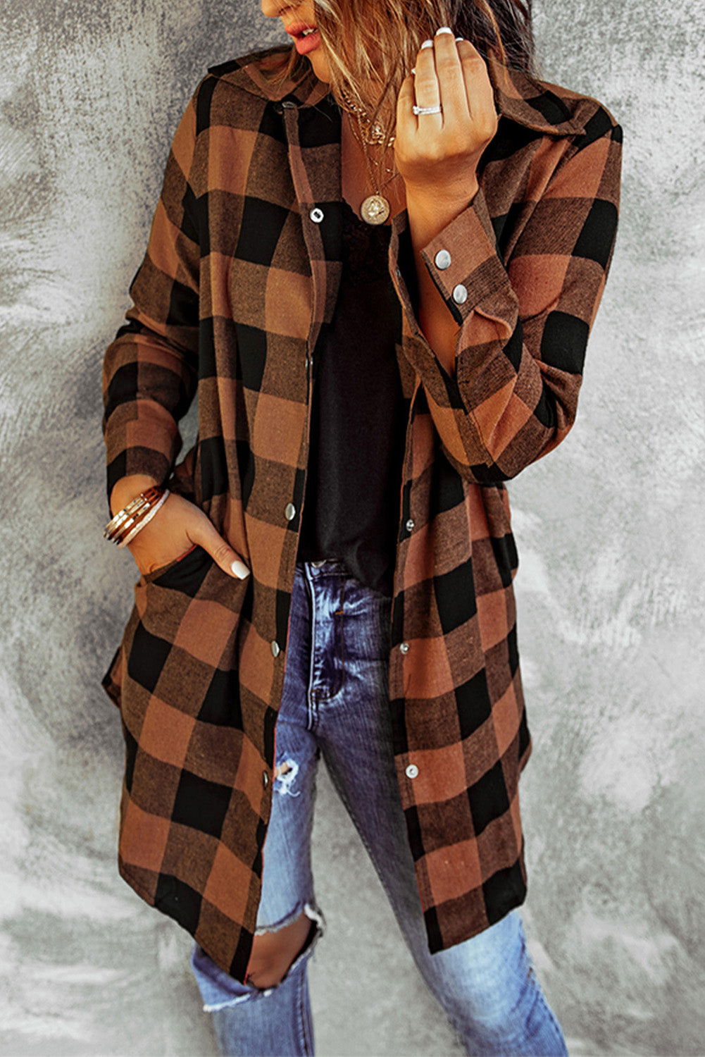 Red Plaid Collared Button Down Long Shirt Shacket - Vesteeto