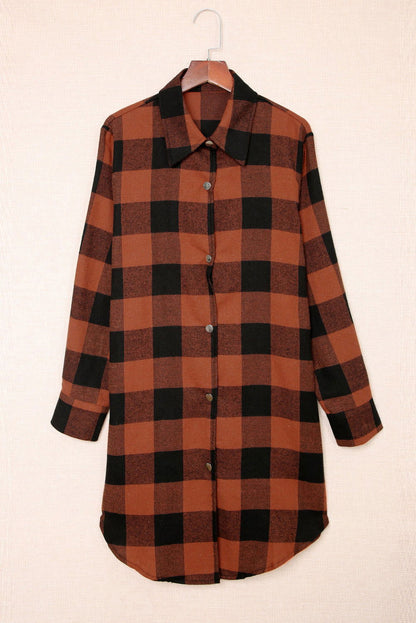 Red Plaid Collared Button Down Long Shirt Shacket - Vesteeto