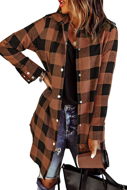 Red Plaid Collared Button Down Long Shirt Shacket - Vesteeto