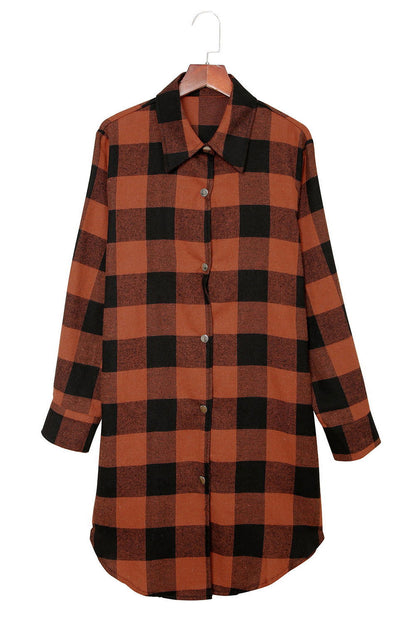 Red Plaid Collared Button Down Long Shirt Shacket - Vesteeto