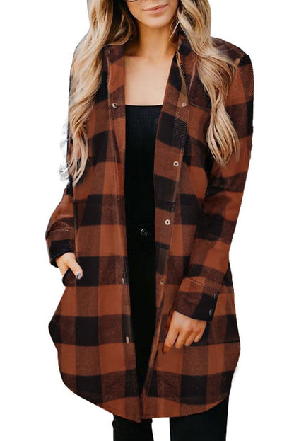 Red Plaid Collared Button Down Long Shirt Shacket - Vesteeto