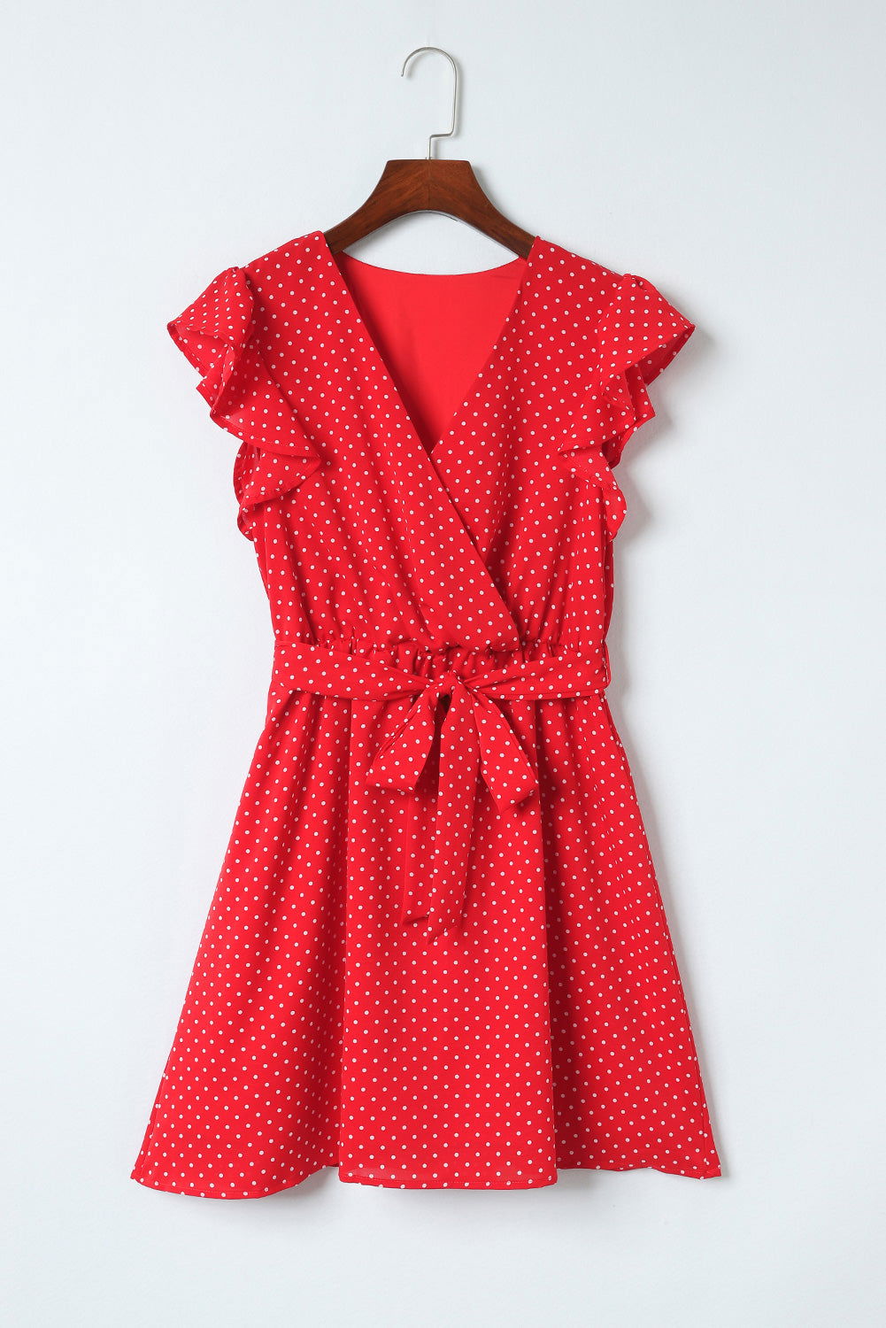 Red Polka Dot V Neck Ruffle Shoulder Short Dress - Vesteeto