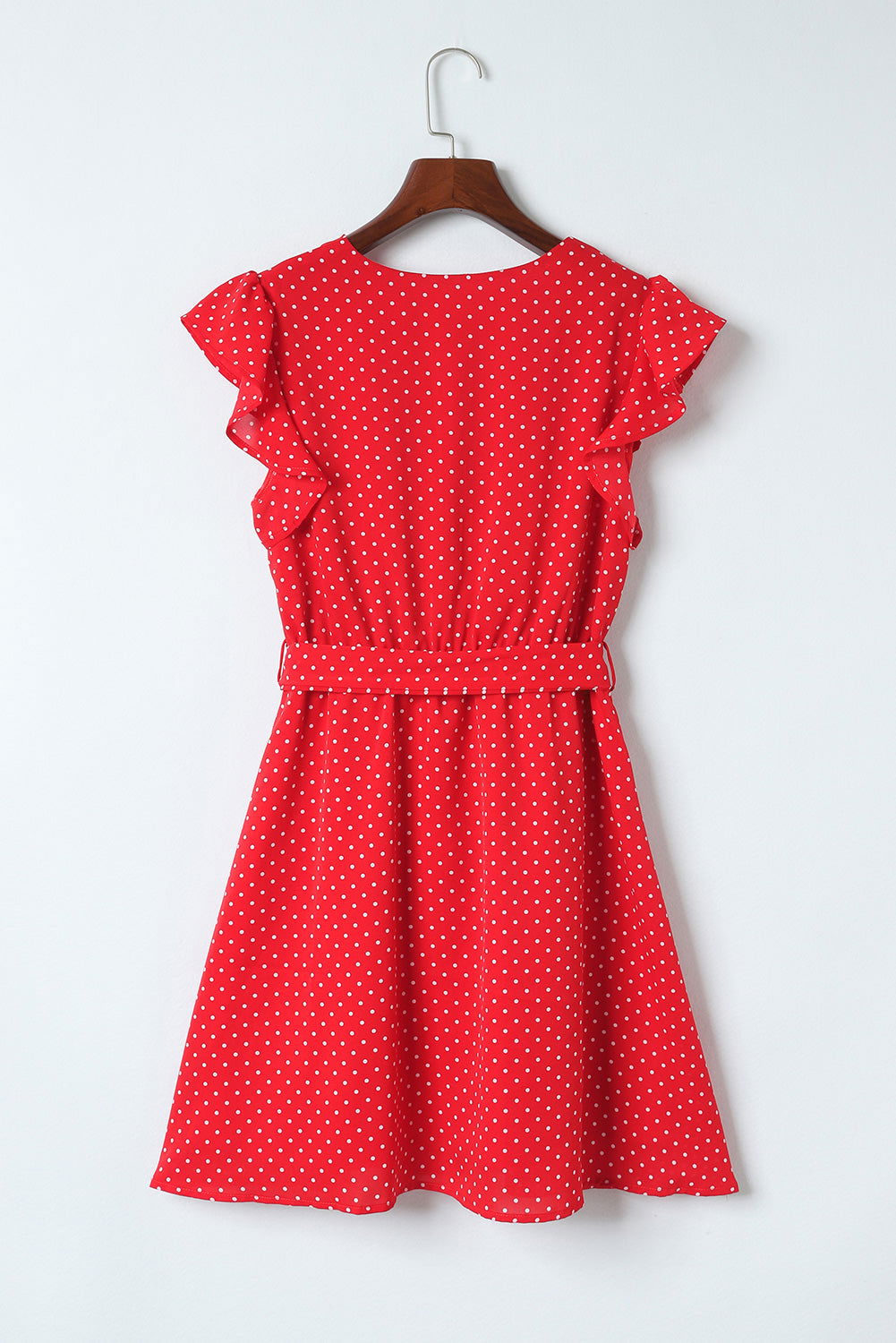 Red Polka Dot V Neck Ruffle Shoulder Short Dress - Vesteeto