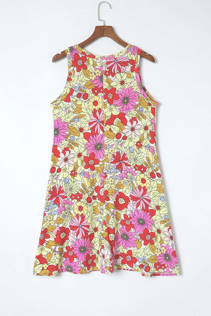 Red Round Neck Sleeveless Floral Short Dress - Vesteeto