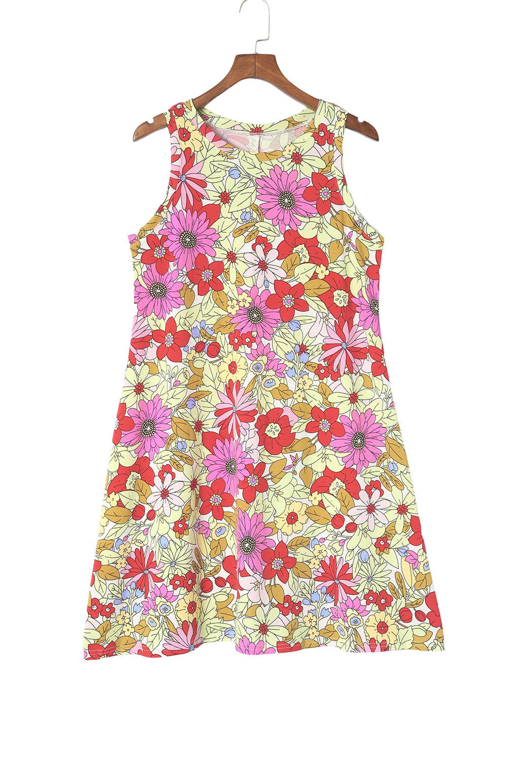 Red Round Neck Sleeveless Floral Short Dress - Vesteeto