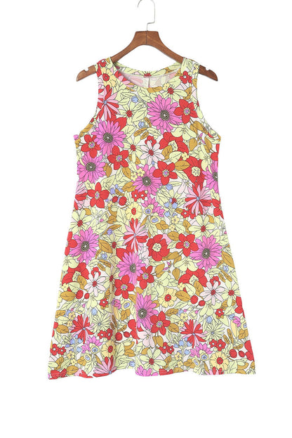 Red Round Neck Sleeveless Floral Short Dress - Vesteeto