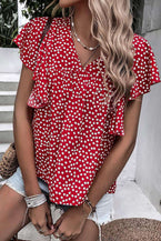 Red Spotted Print V Neck Ruffle Sleeve Blouse - Vesteeto