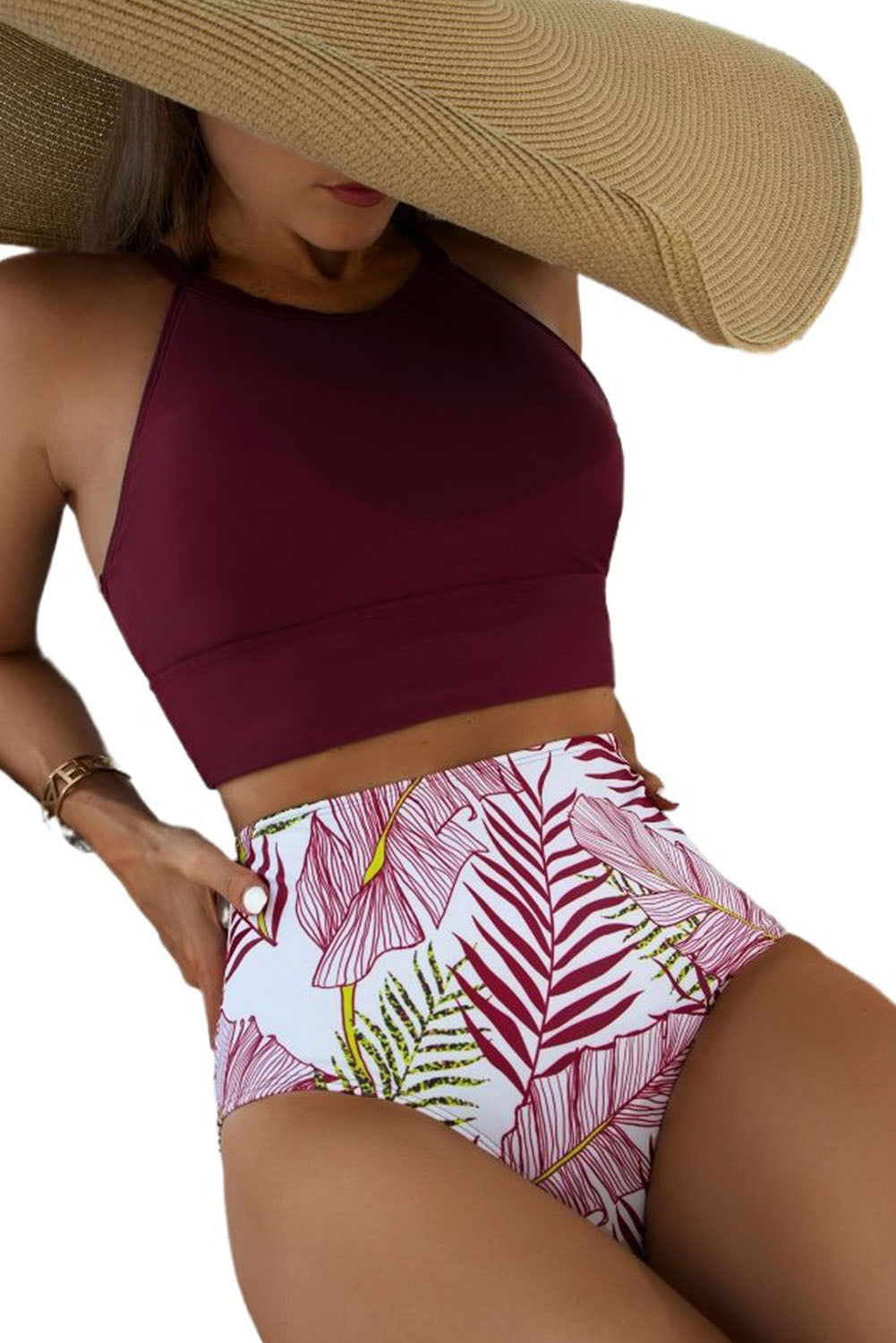 Red Tropical Print Back Split Color Block High Waisted Swimsuit - Vesteeto