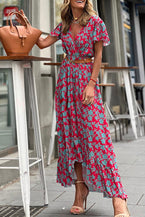 Red V Neck Flutter Sleeve Floral Print Ruffled Maxi Dress - Vesteeto