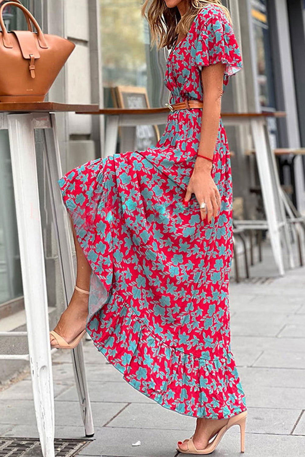 Red V Neck Flutter Sleeve Floral Print Ruffled Maxi Dress - Vesteeto