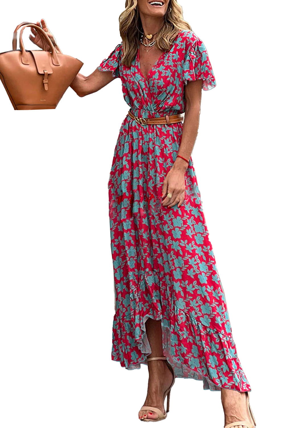 Red V Neck Flutter Sleeve Floral Print Ruffled Maxi Dress - Vesteeto