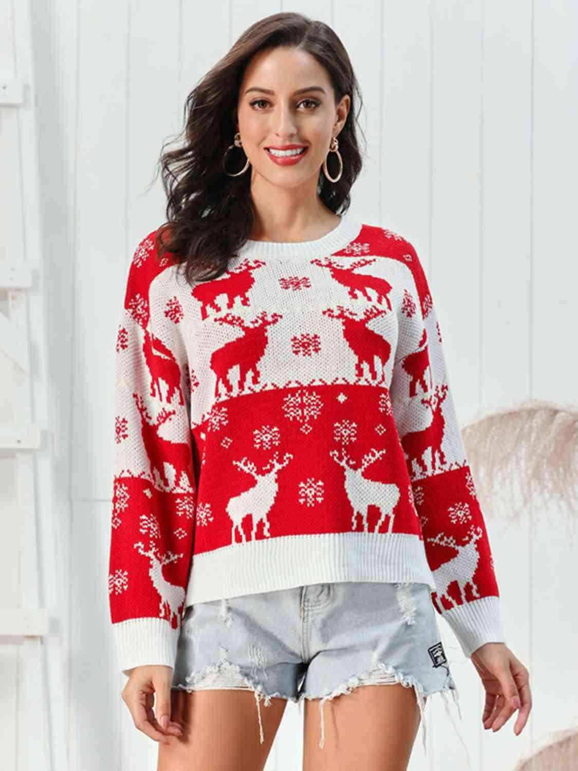 Reindeer Round Neck Sweater - Vesteeto