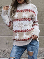 Reindeer & Snowflake Round Neck Sweater - Vesteeto