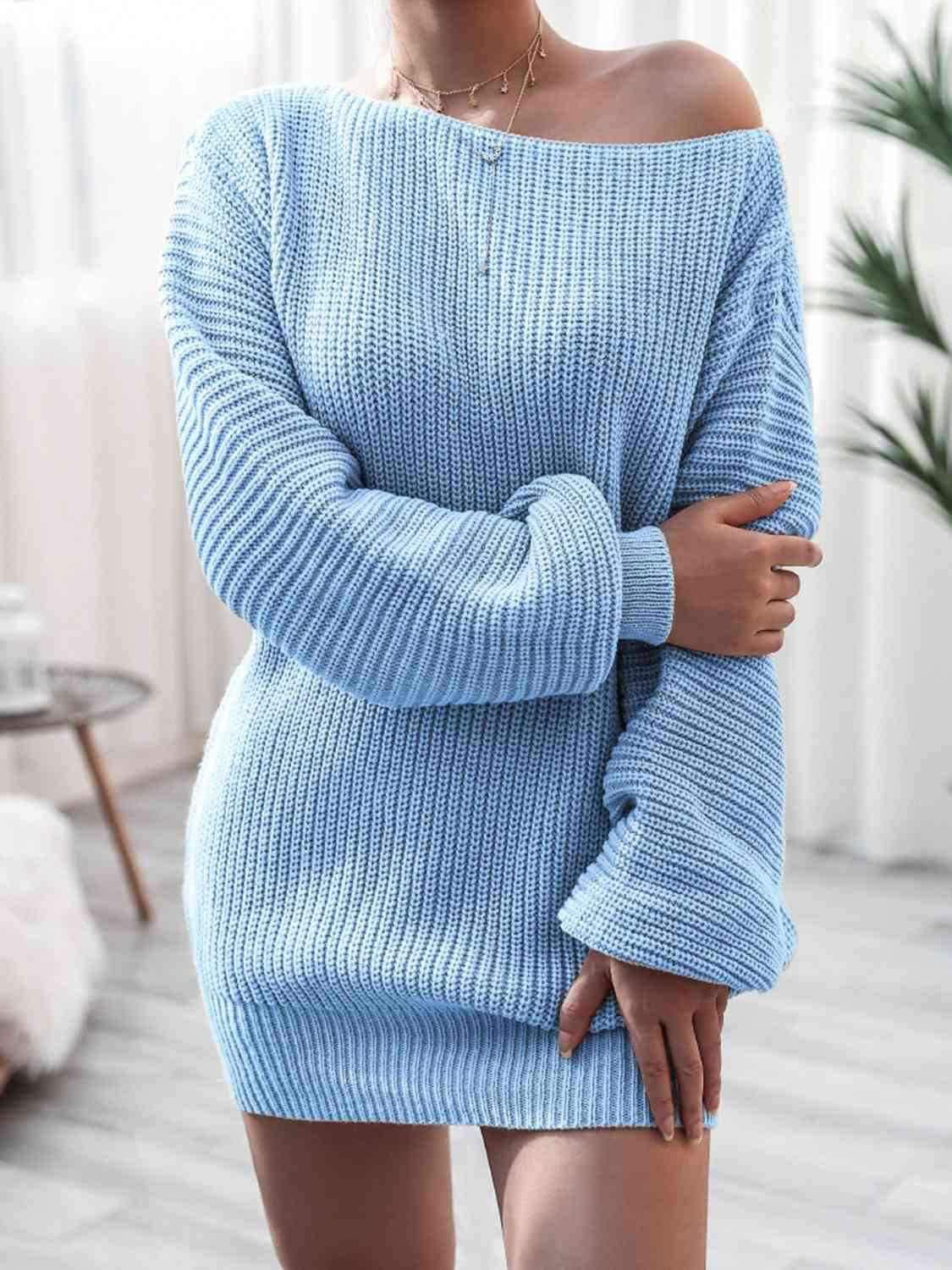 Rib-Knit Mini Sweater Dress - Vesteeto