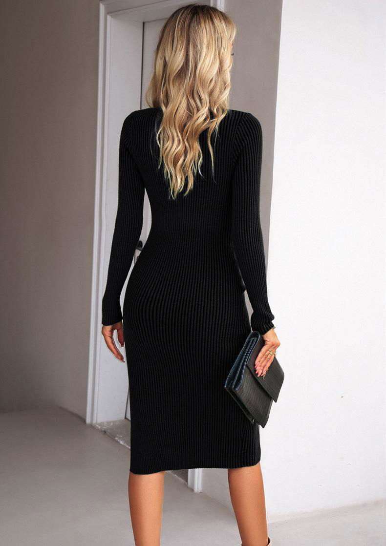 Rib-Knit Slit Sweater Dress - Vesteeto