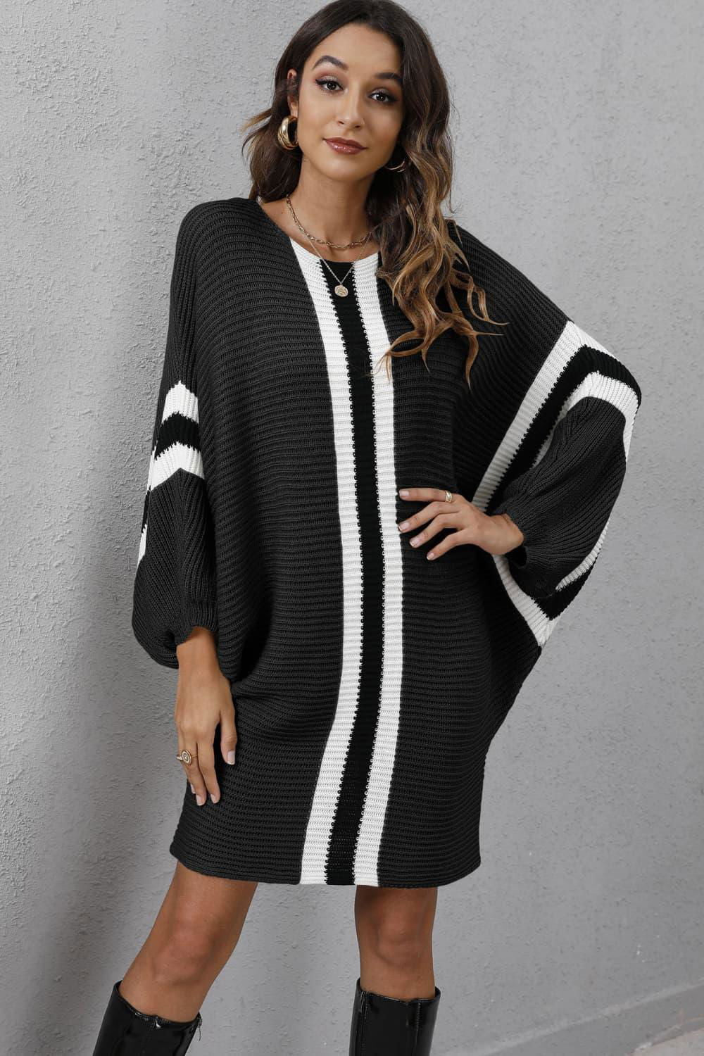 Ribbed Round Neck Long Sleeve Sweater Dress - Vesteeto