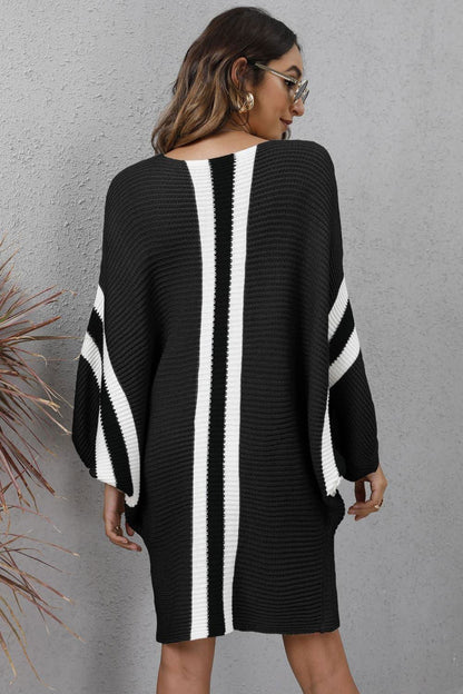 Ribbed Round Neck Long Sleeve Sweater Dress - Vesteeto