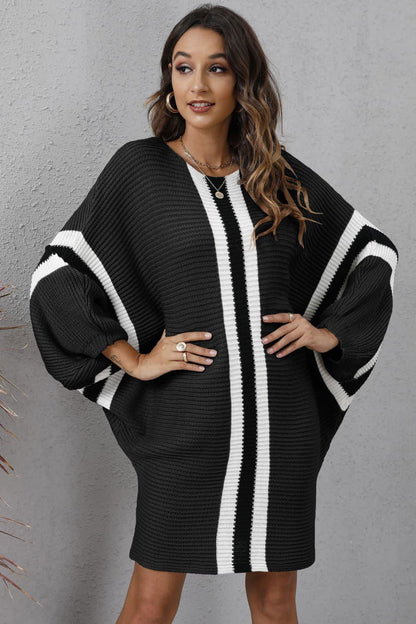 Ribbed Round Neck Long Sleeve Sweater Dress - Vesteeto