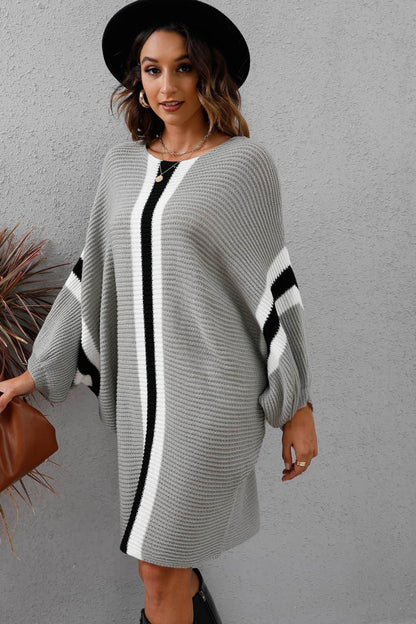 Ribbed Round Neck Long Sleeve Sweater Dress - Vesteeto