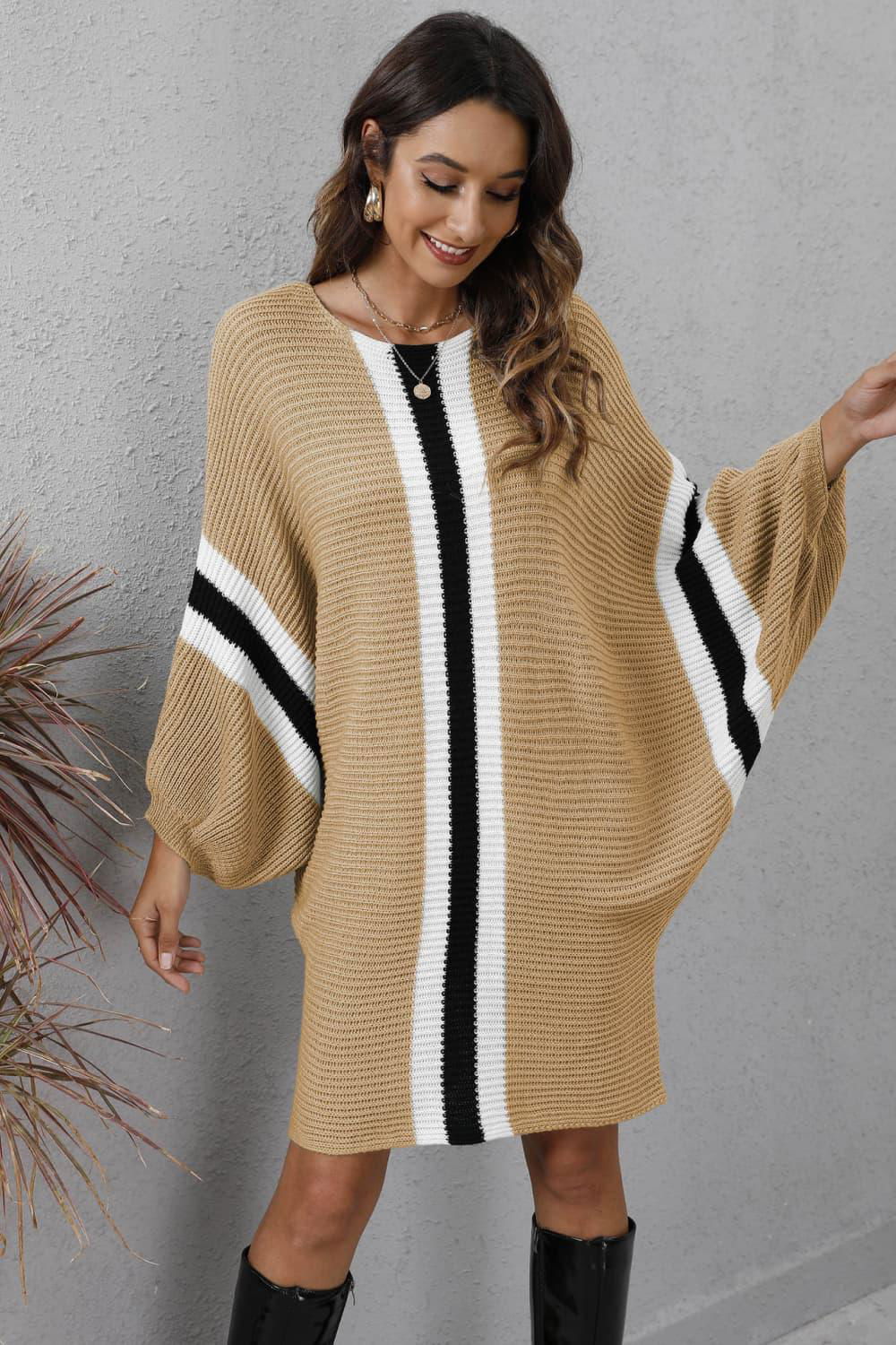 Ribbed Round Neck Long Sleeve Sweater Dress - Vesteeto