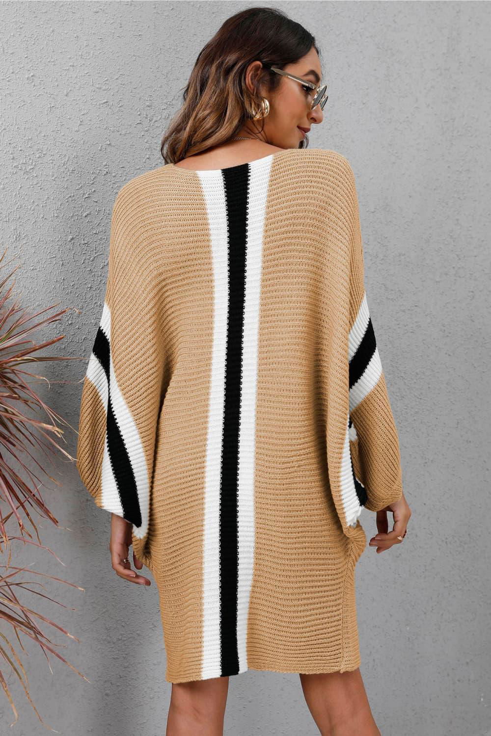 Ribbed Round Neck Long Sleeve Sweater Dress - Vesteeto