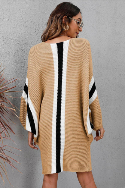 Ribbed Round Neck Long Sleeve Sweater Dress - Vesteeto